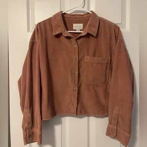 American Eagle Blush/Rust Corduroy Button-Up Cropped Shirt